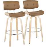 Lombardi 30" Swivel Bar Stool in Natural Wood & Camel Leatherette with Chrome Footrest (Set of 2)